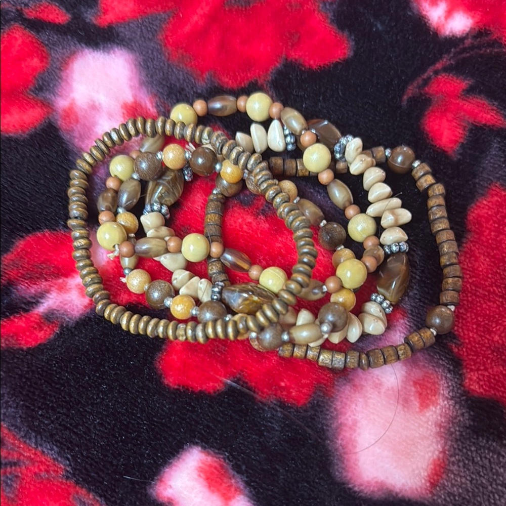 Brown and Beige and Silver Beaded Bracelet Set